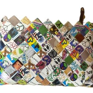 Nahui Ollin Zipper Pouch Clutch Peace & Love Motifs Handmade Recycled Materials